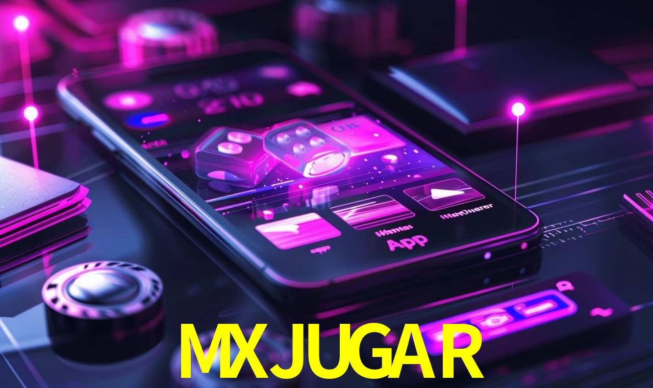 Una escena digital vívida inspirada en casino con MXJUGAR mostrado prominentemente, luces brillantes, fichas, cartas y acentos dorados.