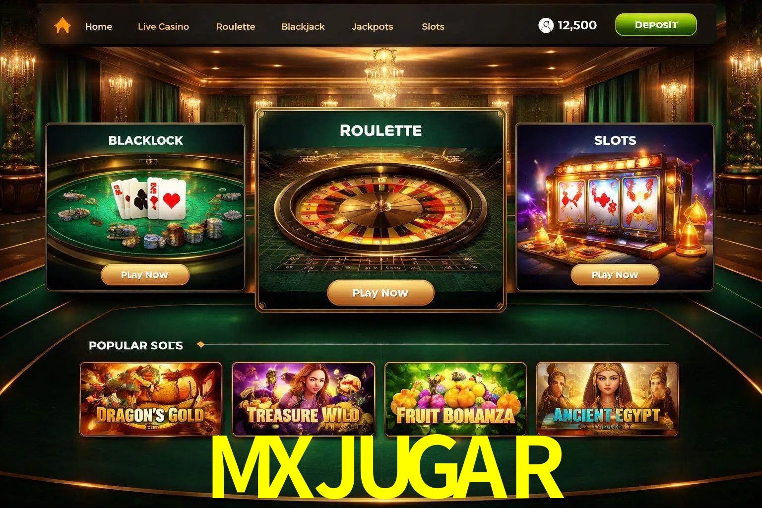 Vista de la plataforma MXJUGAR Casino mostrando categorías organizadas de juegos en línea