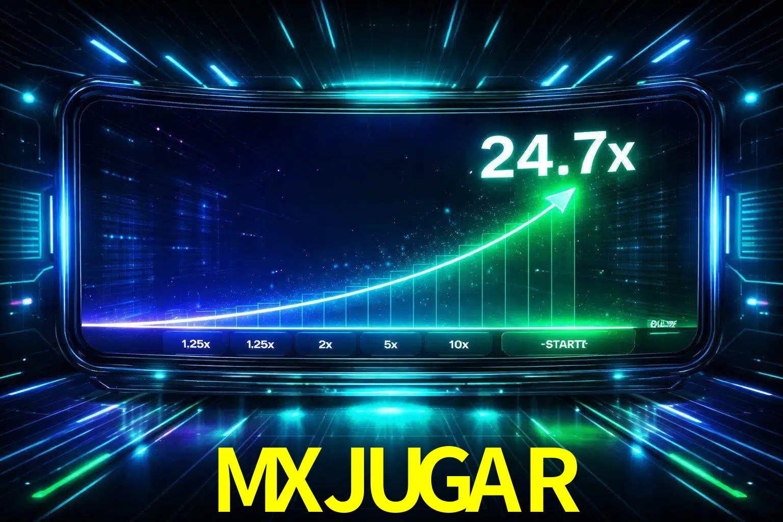 Una pantalla moderna de juego estilo crash con multiplicadores ascendentes, visuales de neón y una interfaz intensa enfocada en la acción.